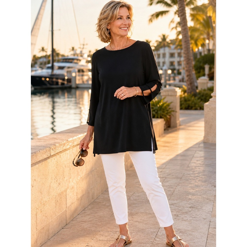 Chico's Travelers Black Cutout Sleeve Tunic Top Boat Neck Travel Knit Size 1 M 8